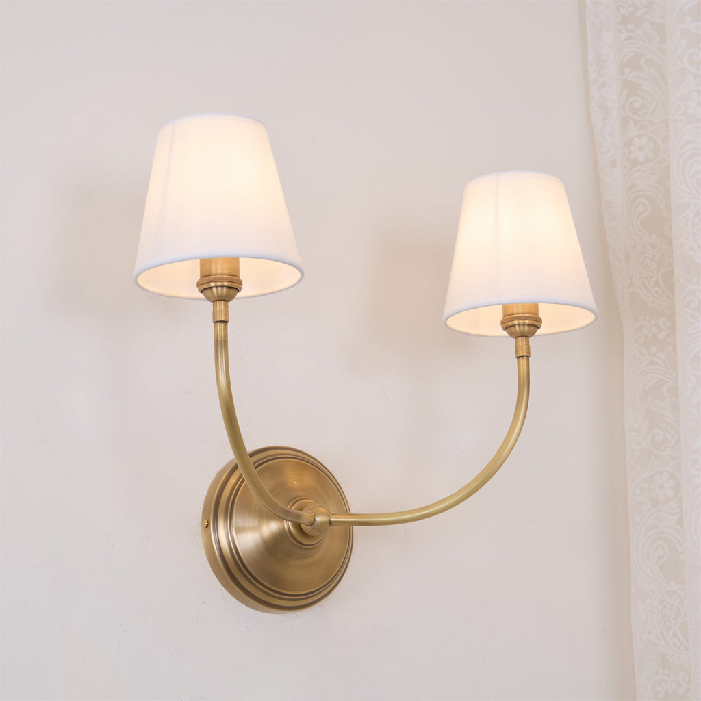 Black Brass Finish Curved Arms Wall Lamp With White Fabric Shades
