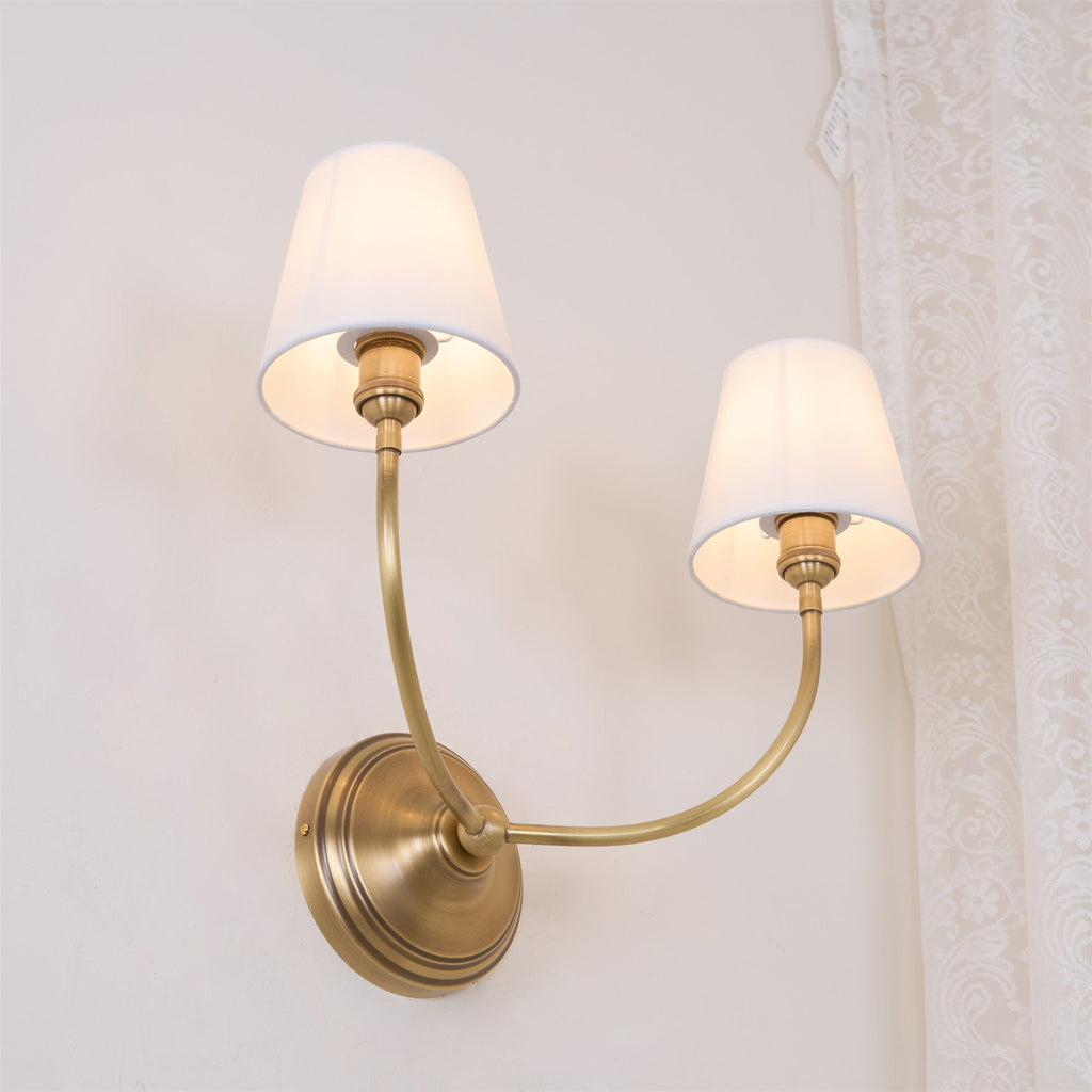 Black Brass Finish Curved Arms Wall Lamp With White Fabric Shades