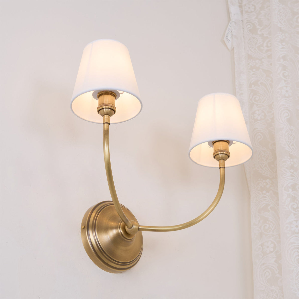 Black Brass Finish Curved Arms Wall Lamp With White Fabric Shades