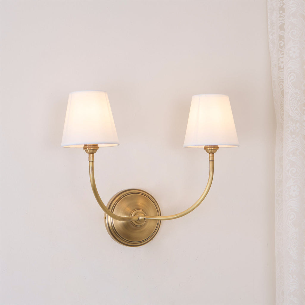 Black Brass Finish Curved Arms Wall Lamp With White Fabric Shades
