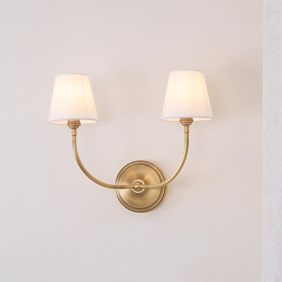 Black Brass Finish Curved Arms Wall Lamp With White Fabric Shades