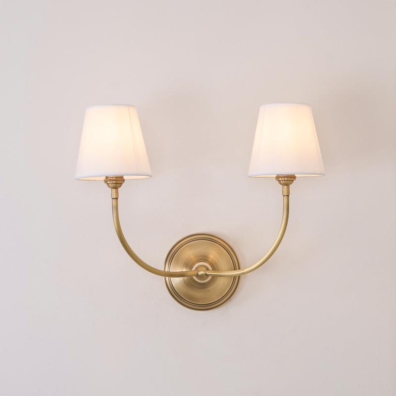 Black Brass Finish Curved Arms Wall Lamp With White Fabric Shades
