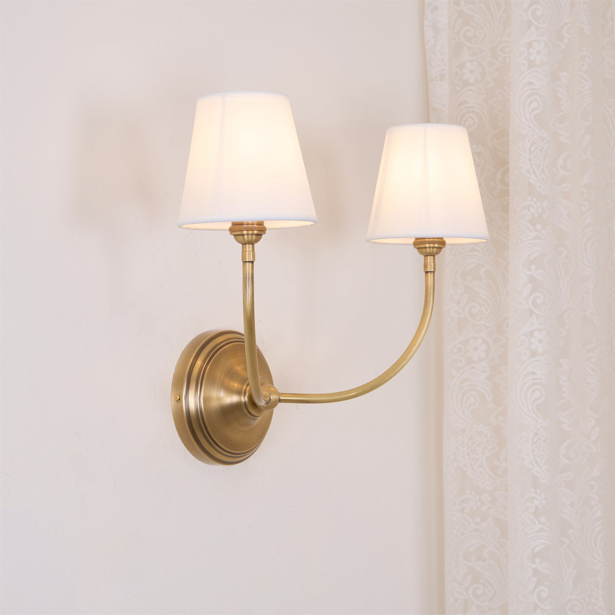 Black Brass Finish Curved Arms Wall Lamp With White Fabric Shades