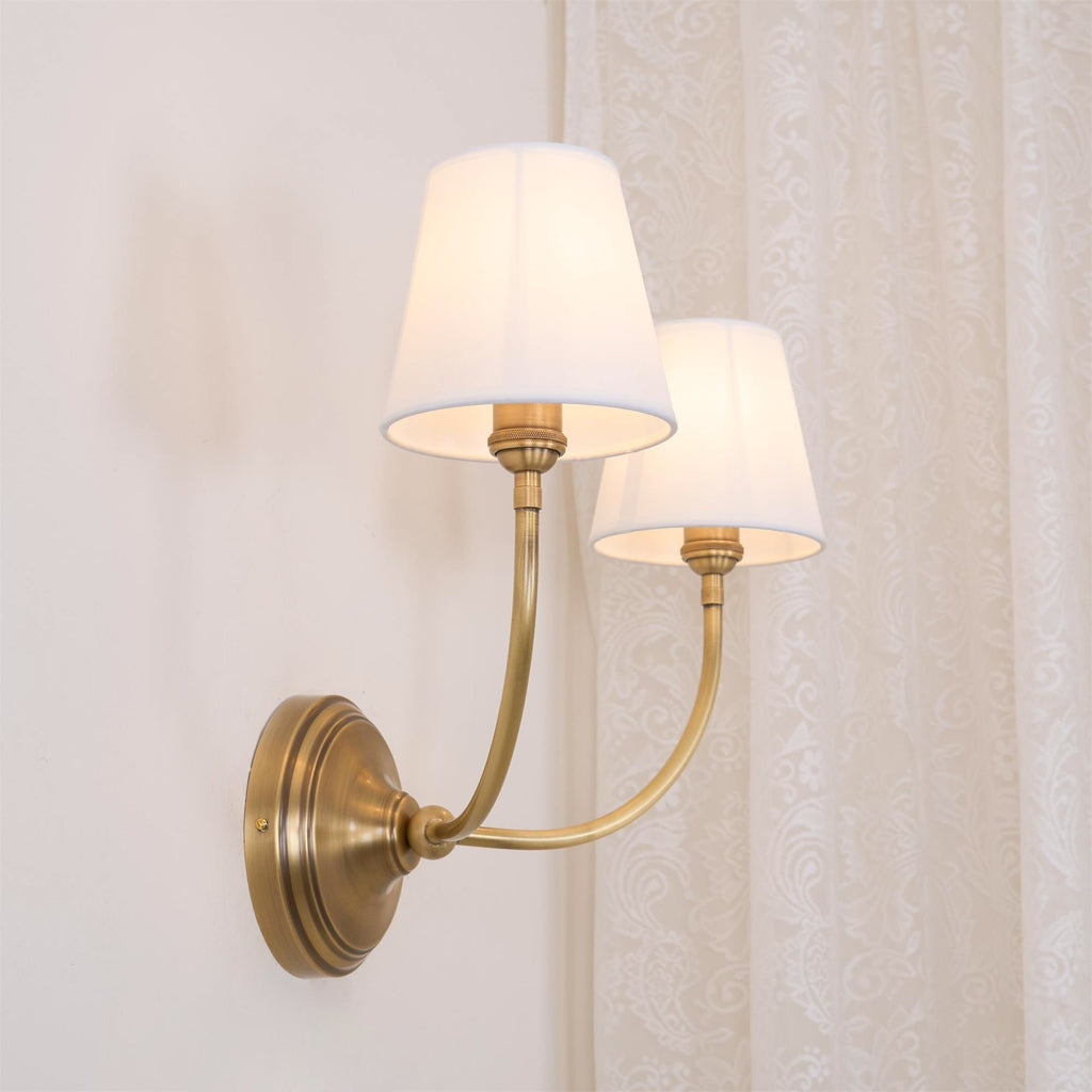 Black Brass Finish Curved Arms Wall Lamp With White Fabric Shades