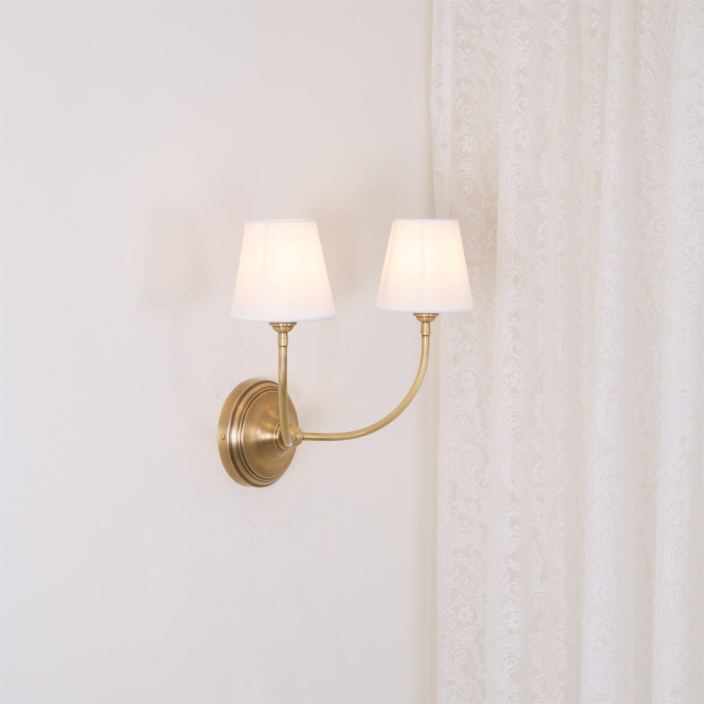 Black Brass Finish Curved Arms Wall Lamp With White Fabric Shades