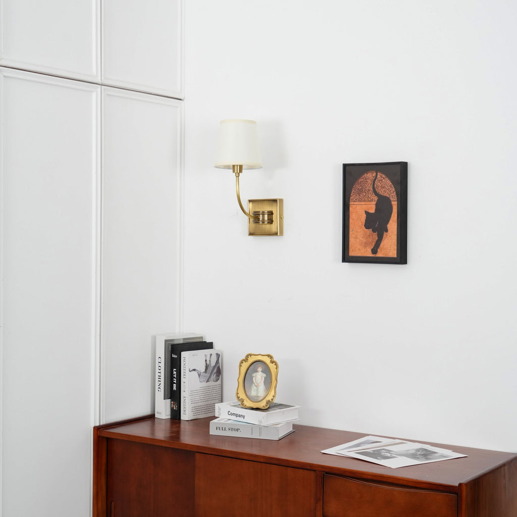 Black Brass Finish Curved Arms Wall Lamp With White Fabric Shades