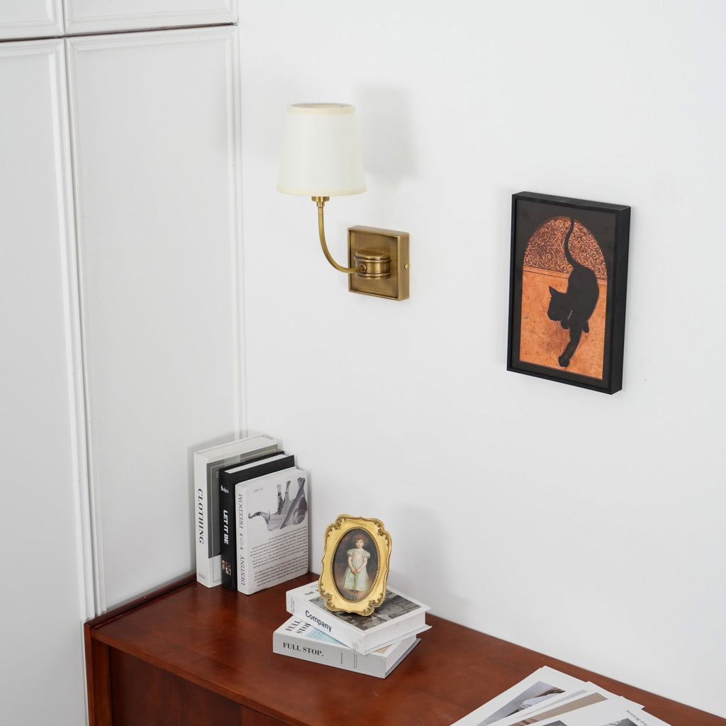 Black Brass Finish Curved Arms Wall Lamp With White Fabric Shades