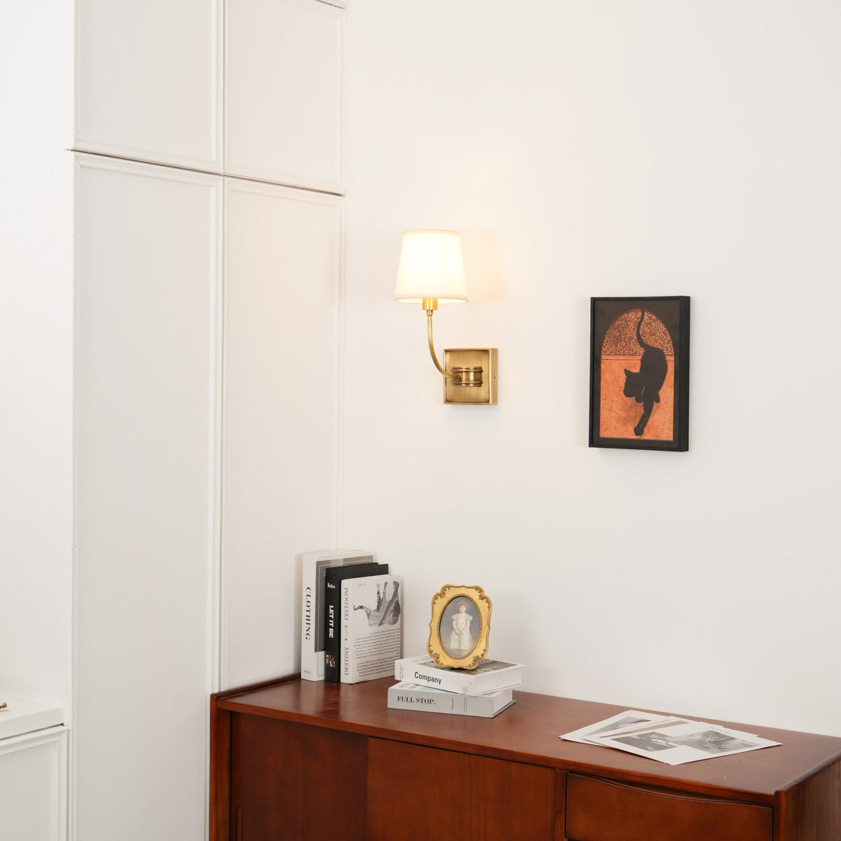 Black Brass Finish Curved Arms Wall Lamp With White Fabric Shades