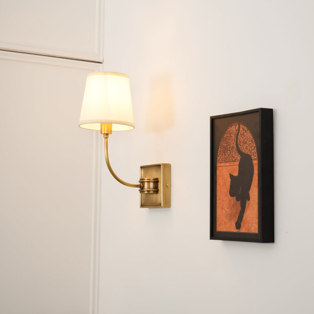 Black Brass Finish Curved Arms Wall Lamp With White Fabric Shades