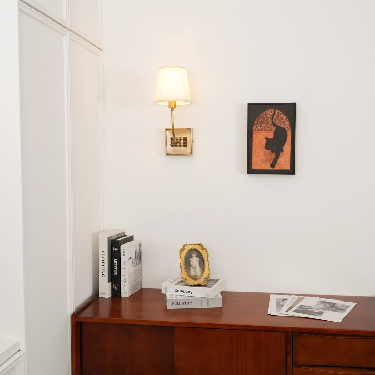 Black Brass Finish Curved Arms Wall Lamp With White Fabric Shades