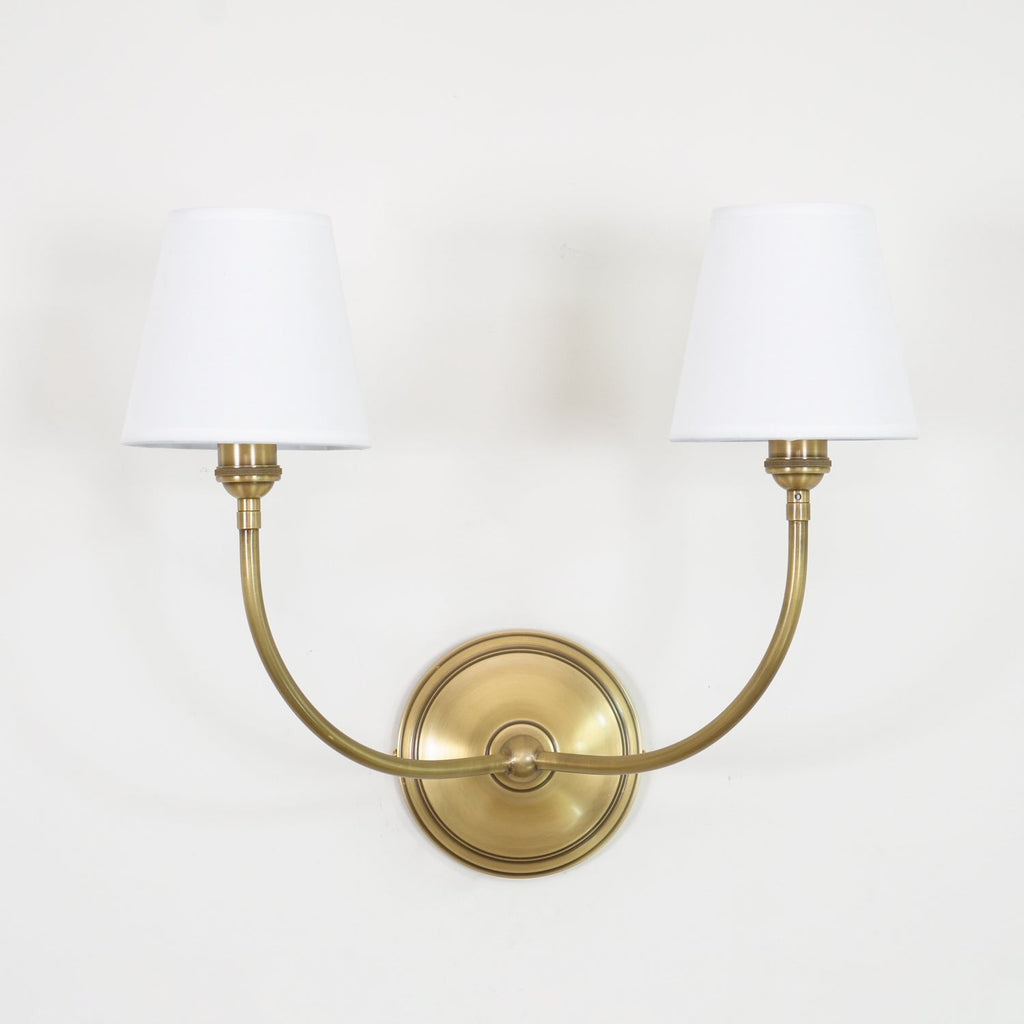 Black Brass Finish Curved Arms Wall Lamp With White Fabric Shades