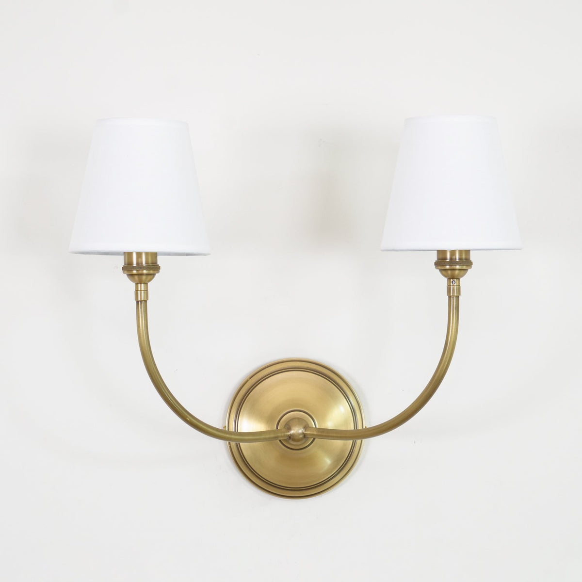 Black Brass Finish Curved Arms Wall Lamp With White Fabric Shades