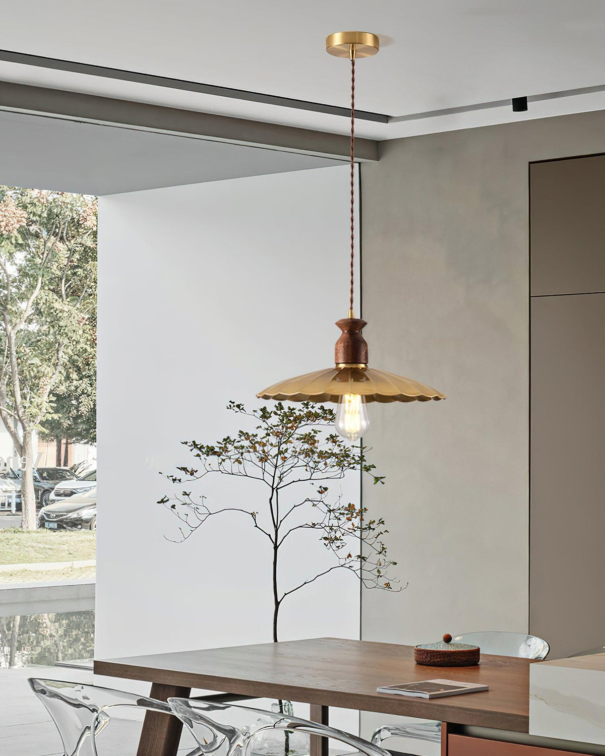 Warm Ambience Walnut Wood Brass Pendant Lamp