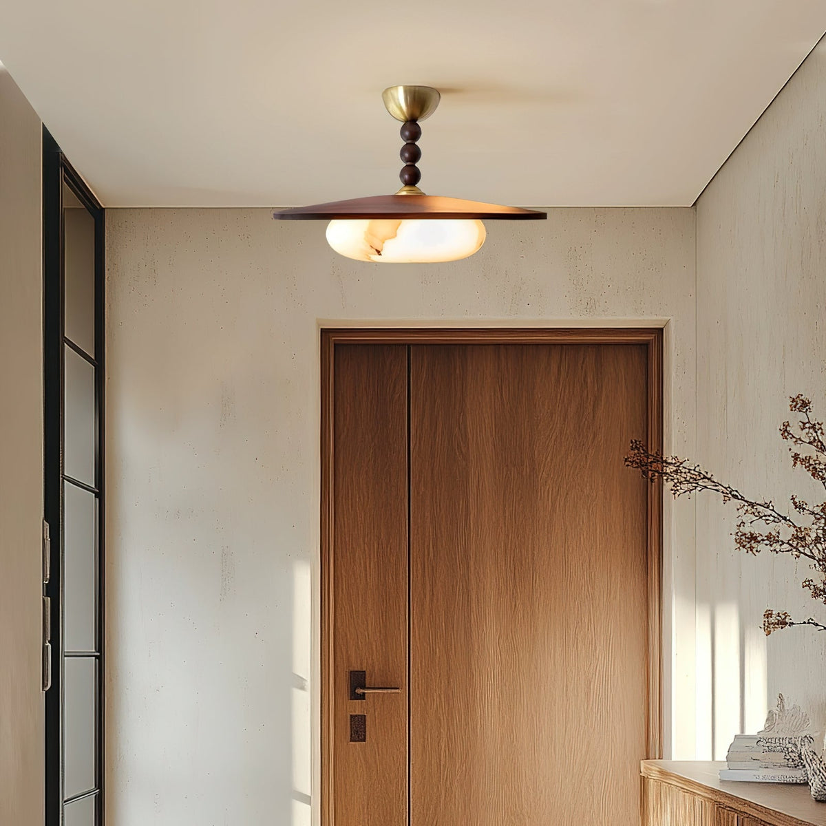 Imitation Alabaster Diffuser With Walnut Wood Ceiling Light