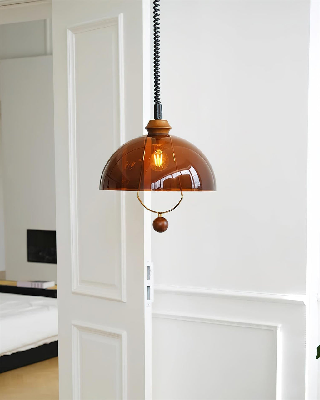 Walnut Wood Accents Elegant Glass Pendant Light