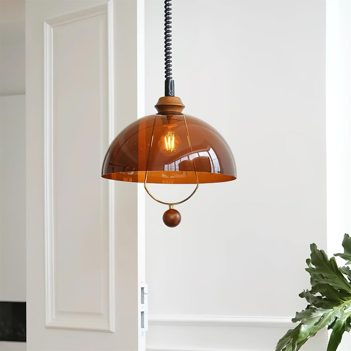 Walnut Wood Accents Elegant Glass Pendant Light