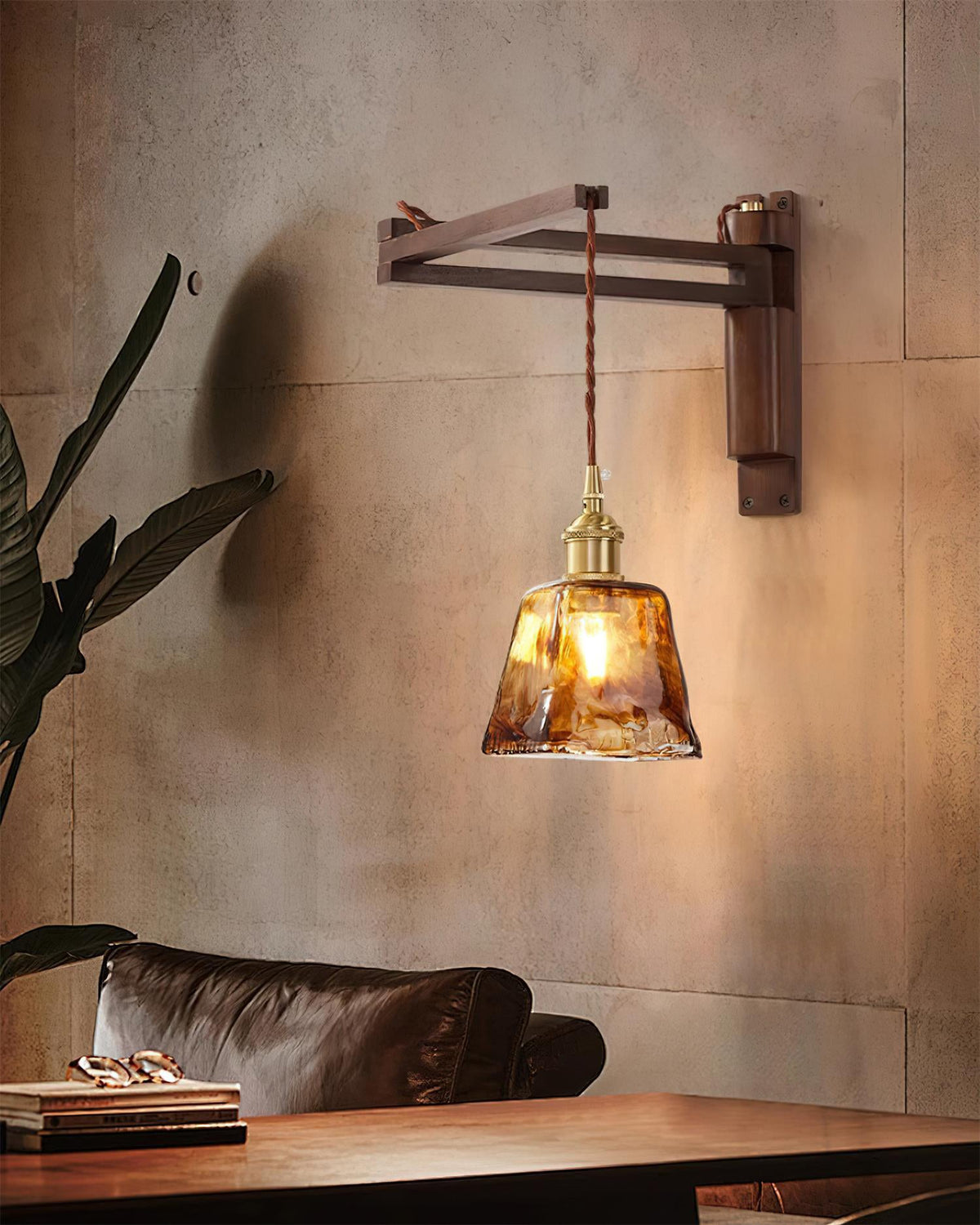 Hardwired Wall Lamp In Rustic Walnut Wood With Glass And Brass E27 Socket