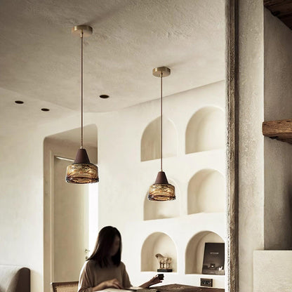 Amber Glass Shade Pendant Lamp With Wood Top For Warm Glow