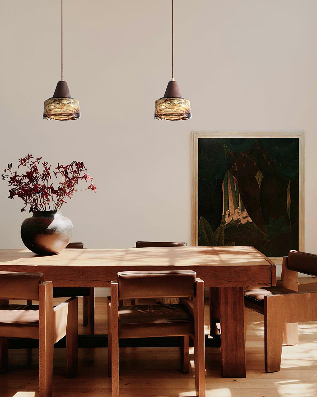 Amber Glass Shade Pendant Lamp With Wood Top For Warm Glow