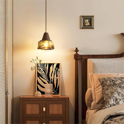 Amber Glass Shade Pendant Lamp With Wood Top For Warm Glow