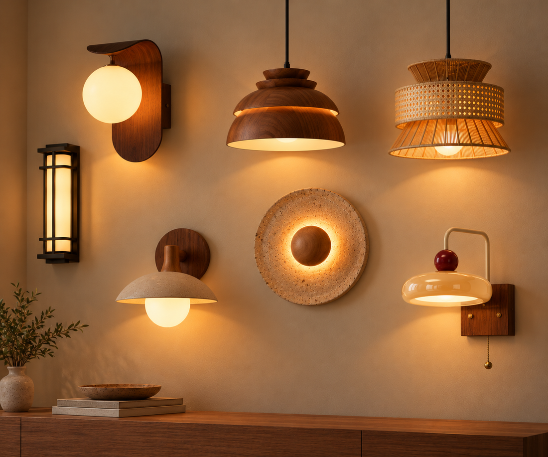 Wall Lamp With Vintage Travertine, Brushed Brass Arm, And Wood Accent ...