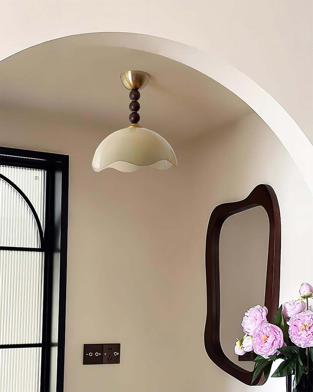 Walnut Finish Vintage Glass Ceiling Light With Amber