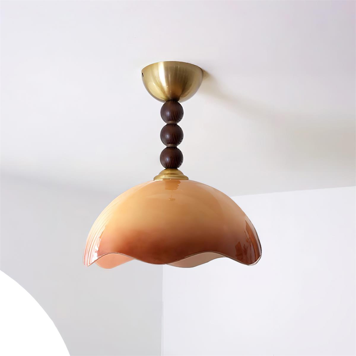 Walnut Finish Vintage Glass Ceiling Light With Amber