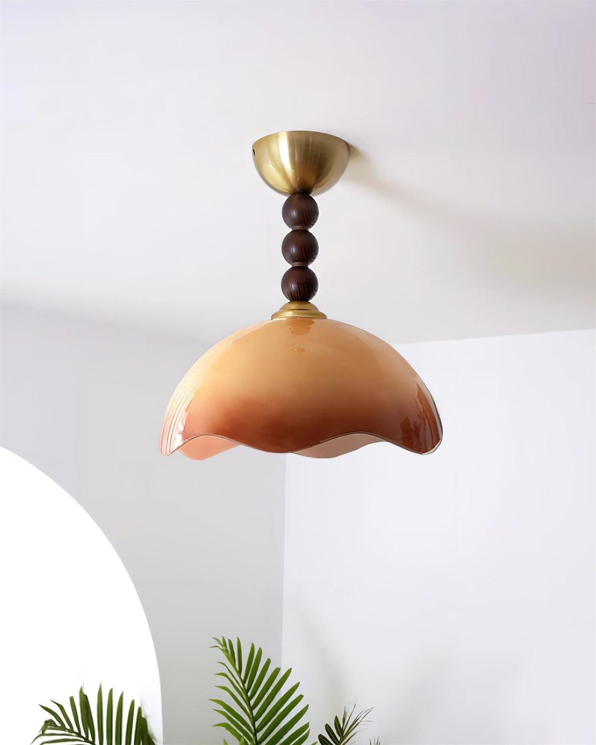 Walnut Finish Vintage Glass Ceiling Light With Amber