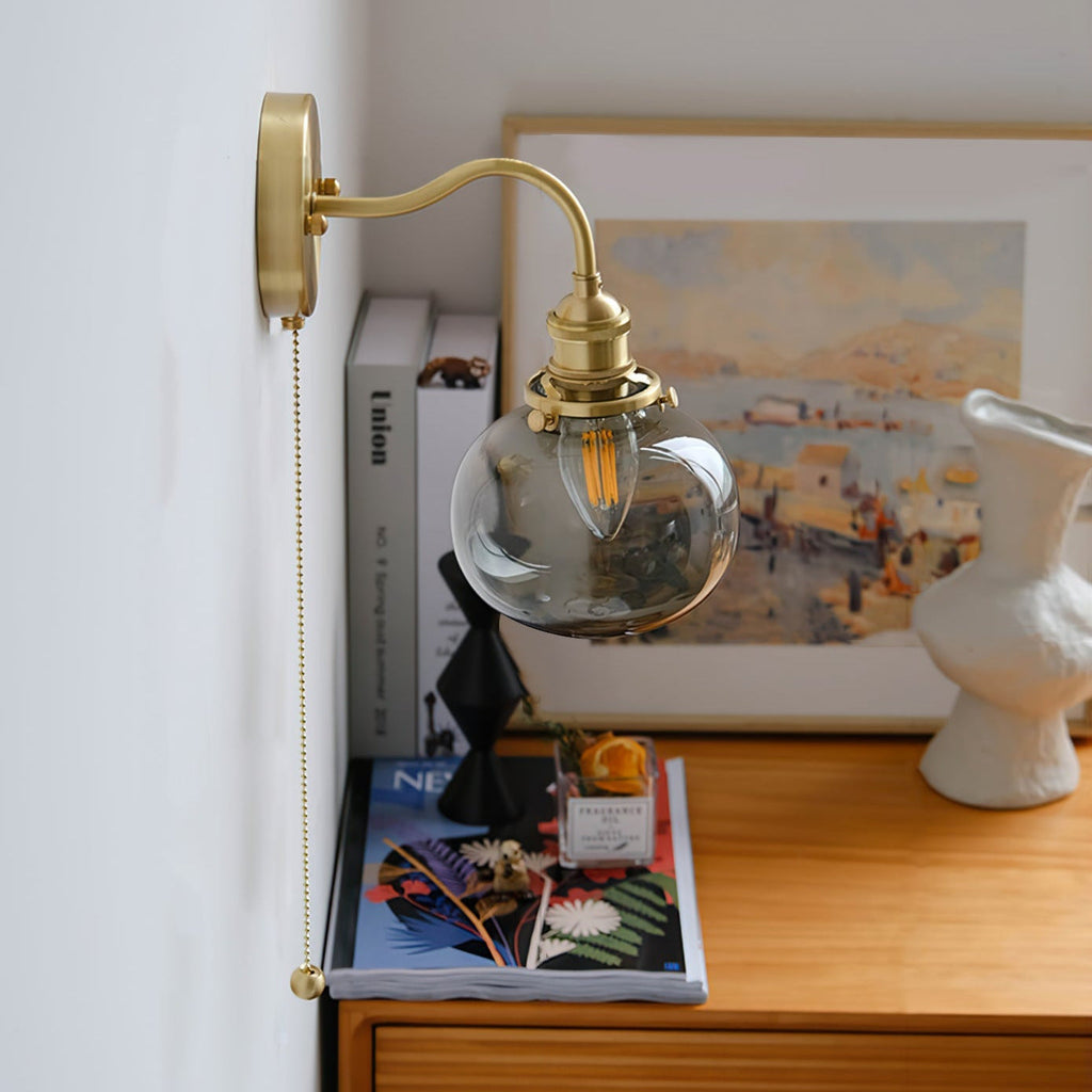 Pull Chain Heritage Brass Glass Wall Light