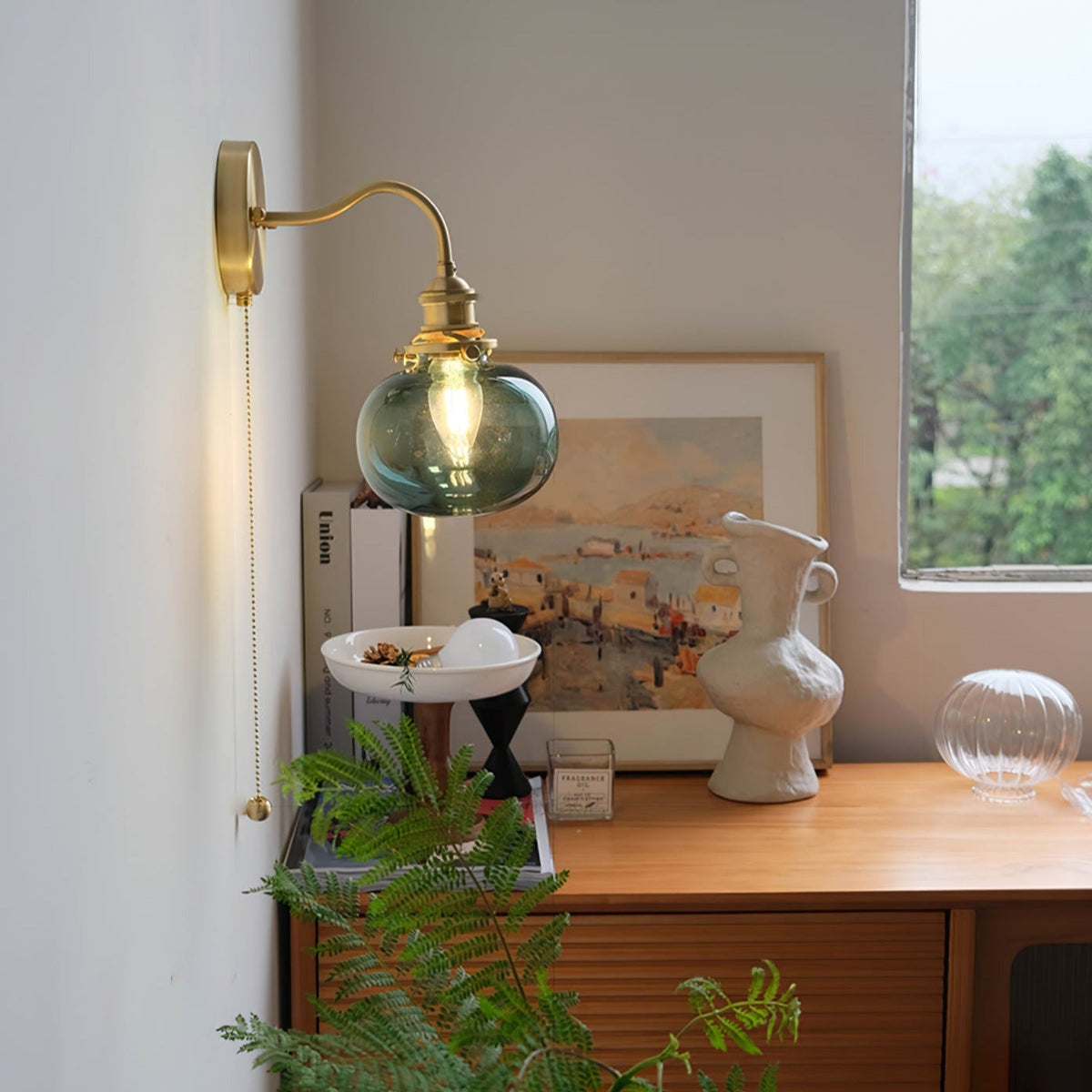 Pull Chain Heritage Brass Glass Wall Light