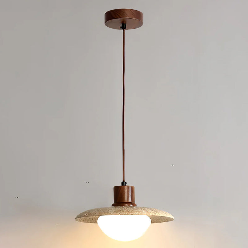 Warm Glow Pendant Light With Oak Accents And Travertine