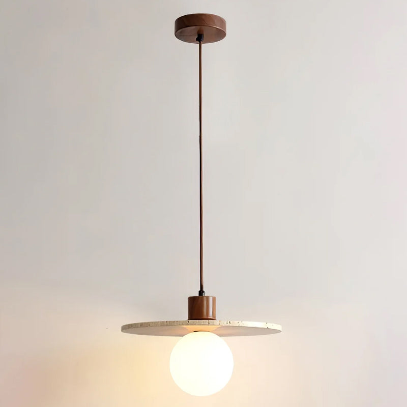 Warm Glow Pendant Light With Oak Accents And Travertine