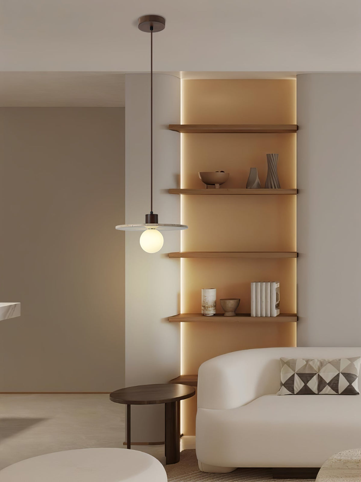 Warm Glow Pendant Light With Oak Accents And Travertine