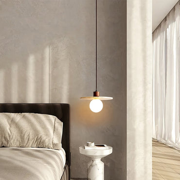 Warm Glow Pendant Light With Oak Accents And Travertine