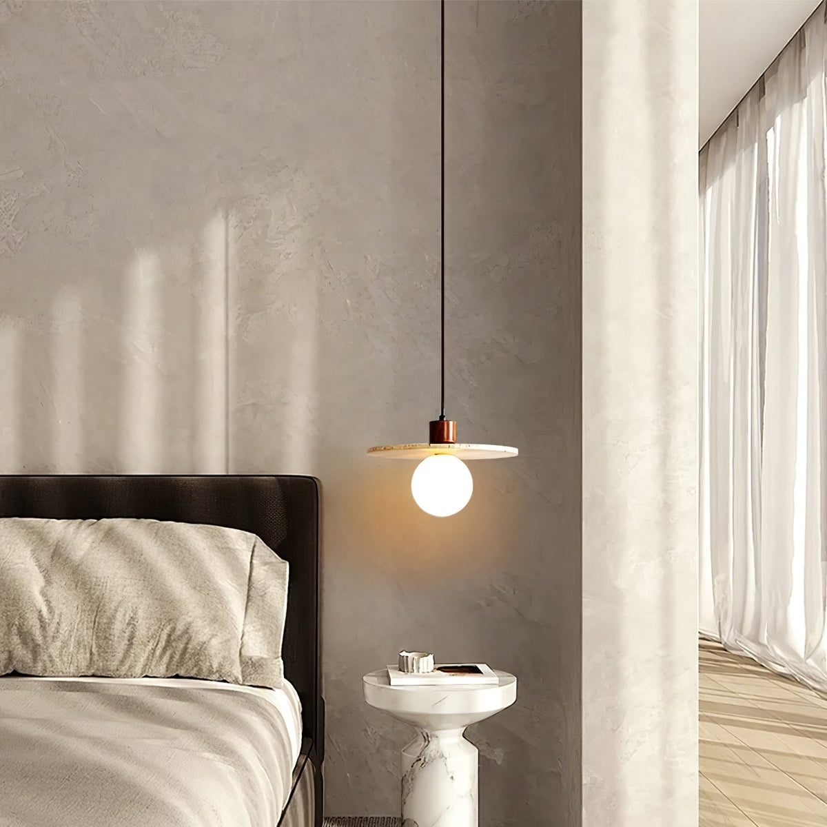 Warm Glow Pendant Light With Oak Accents And Travertine