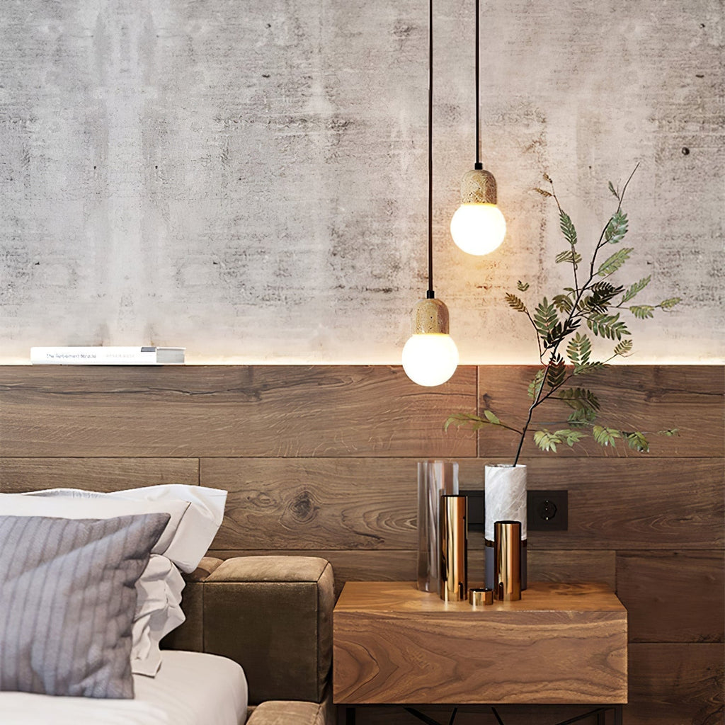 Warm Glow Pendant Light With Oak Accents And Travertine