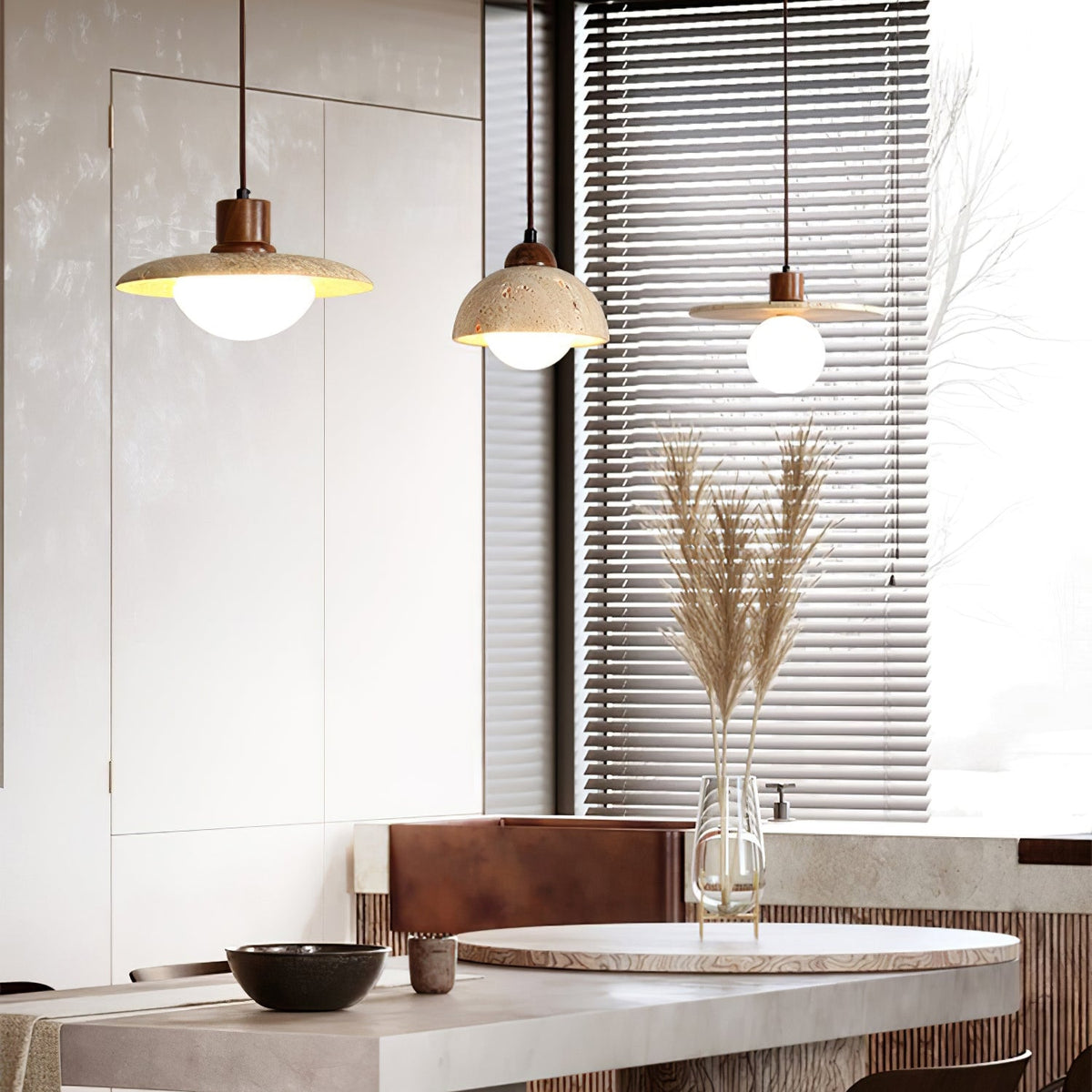 Warm Glow Pendant Light With Oak Accents And Travertine