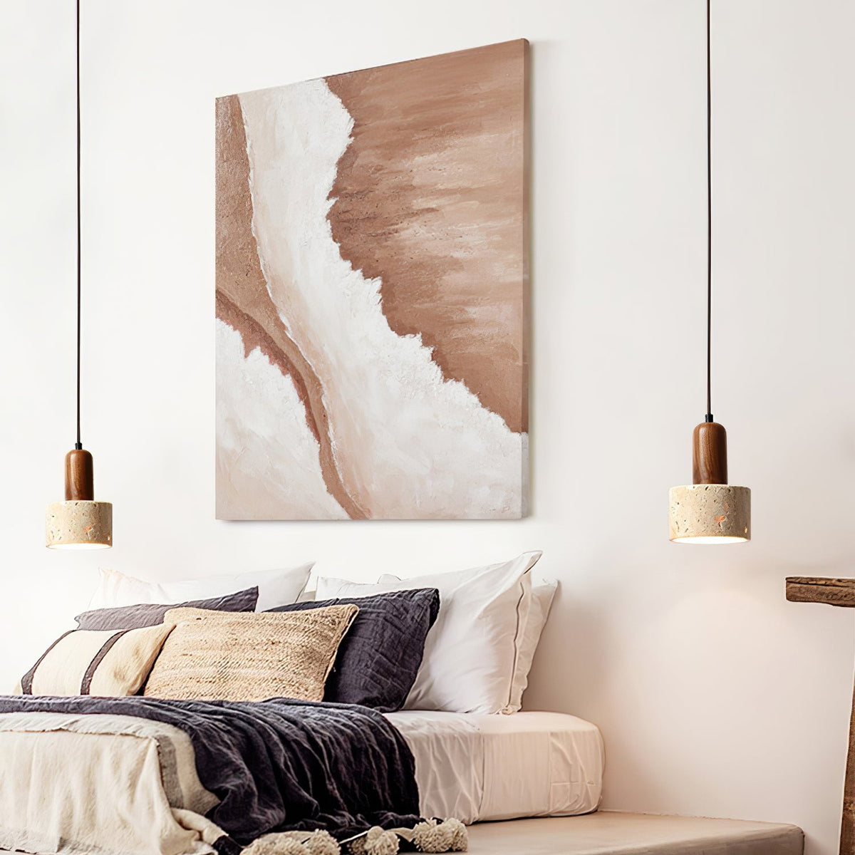 Warm Glow Pendant Light With Oak Accents And Travertine