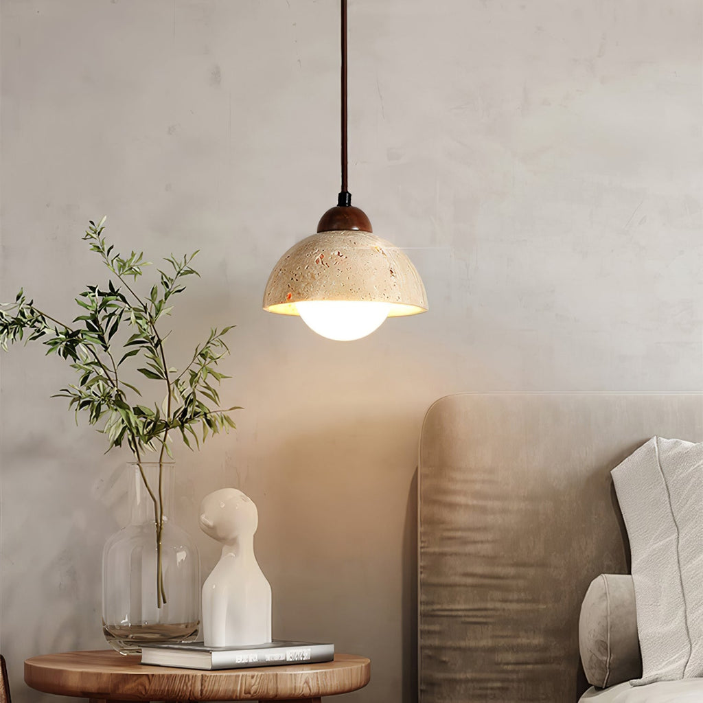 Warm Glow Pendant Light With Oak Accents And Travertine