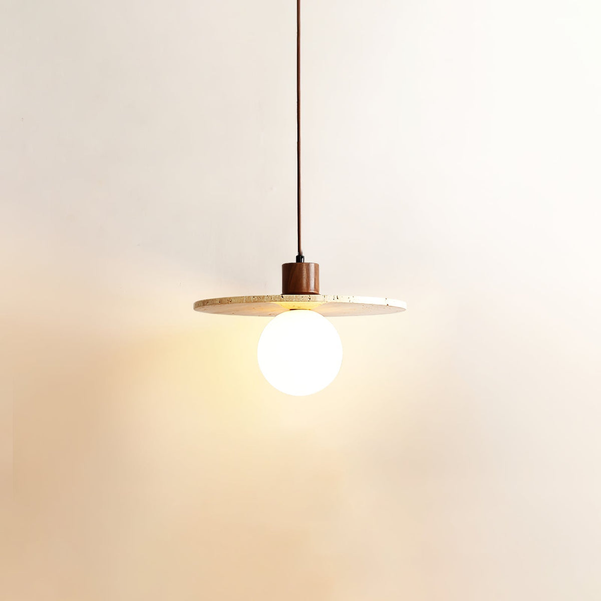 Warm Glow Pendant Light With Oak Accents And Travertine