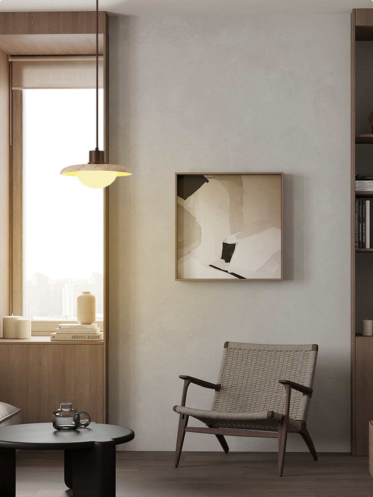 Warm Glow Pendant Light With Oak Accents And Travertine