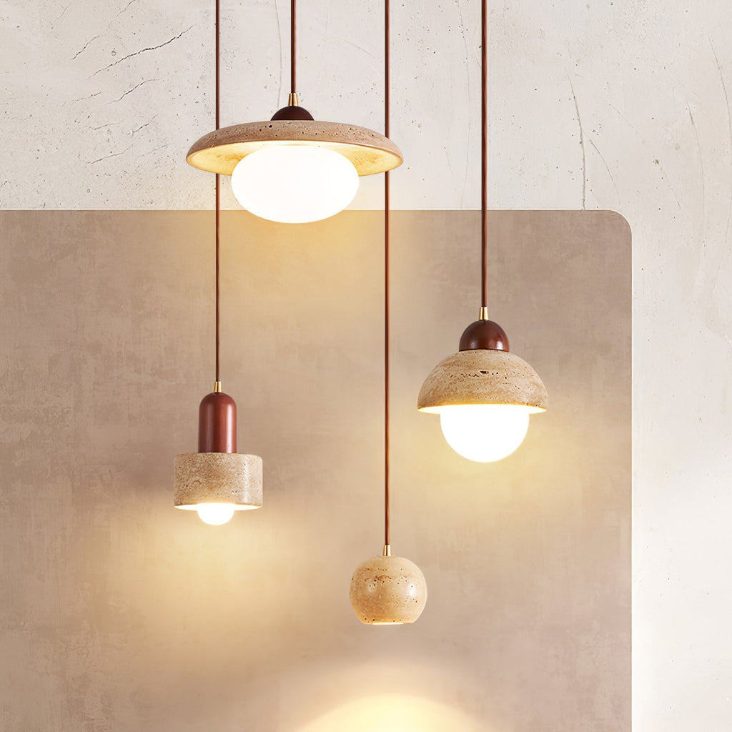 Warm Glow Pendant Light With Oak Accents And Travertine