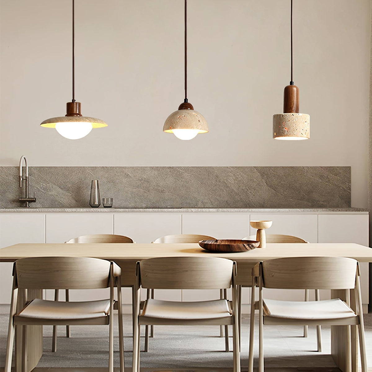 Warm Glow Pendant Light With Oak Accents And Travertine