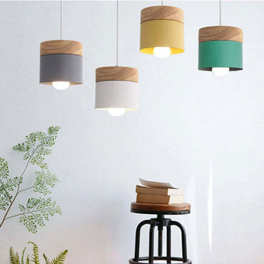 Metal And Wood Warm Glow Can Shape Pendant Light