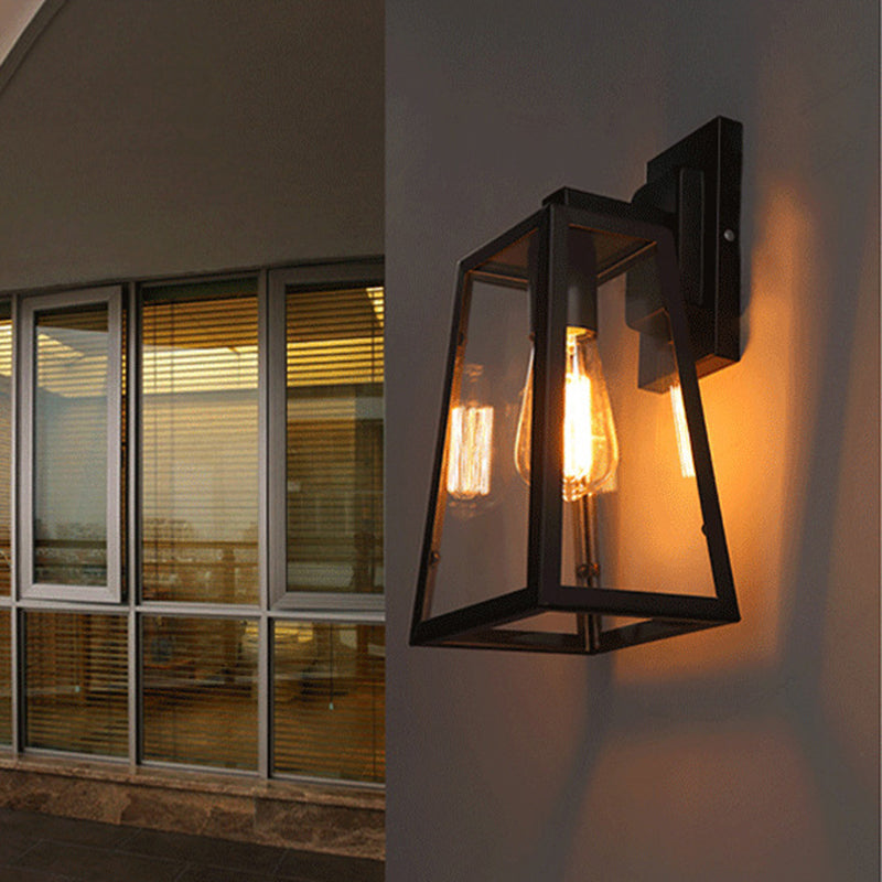 Black Retro Industrial Wall Lantern Featuring Glass Panels