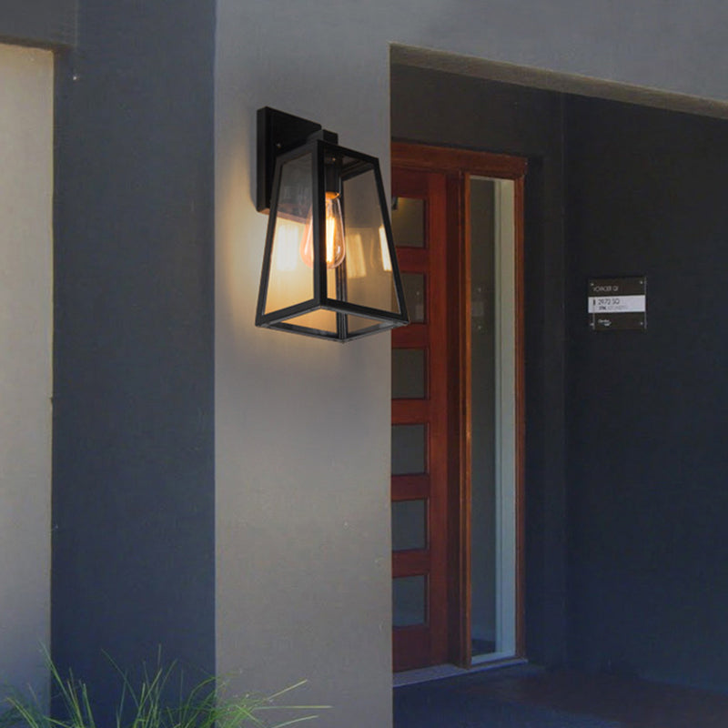 Black Retro Industrial Wall Lantern Featuring Glass Panels