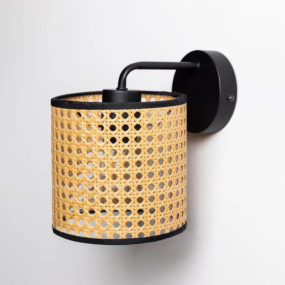 Rattan Shade And Metal Frame Rustic Cylindrical Wall Lamp