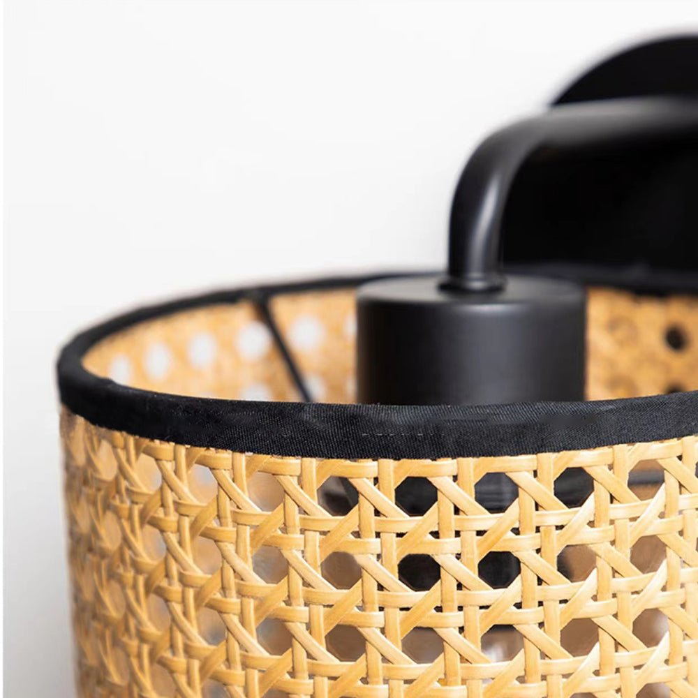 Rattan Shade And Metal Frame Rustic Cylindrical Wall Lamp