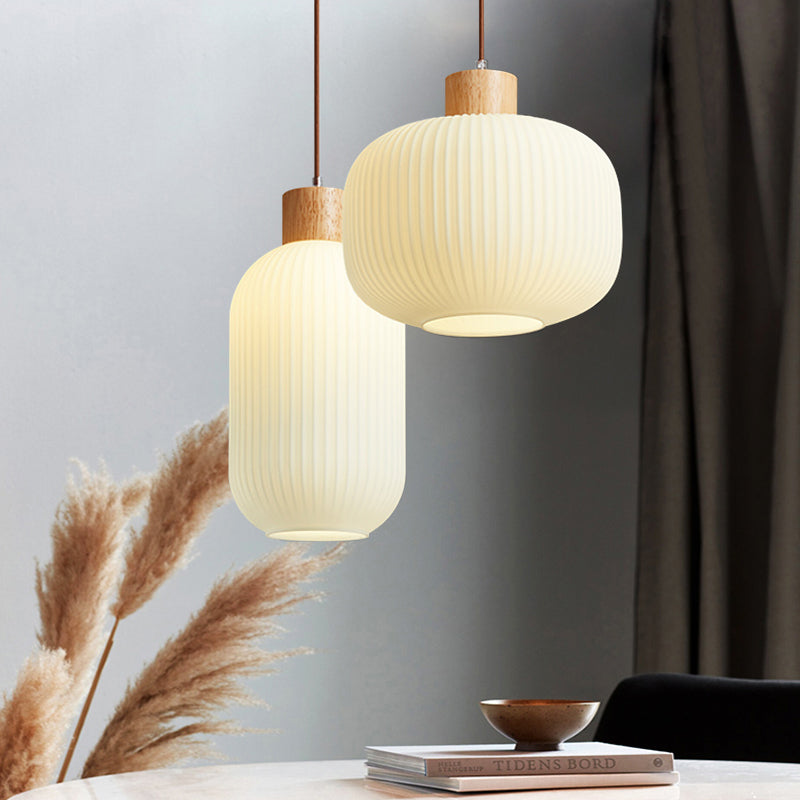 White Glare Free Pendant Light With Wood And Glass