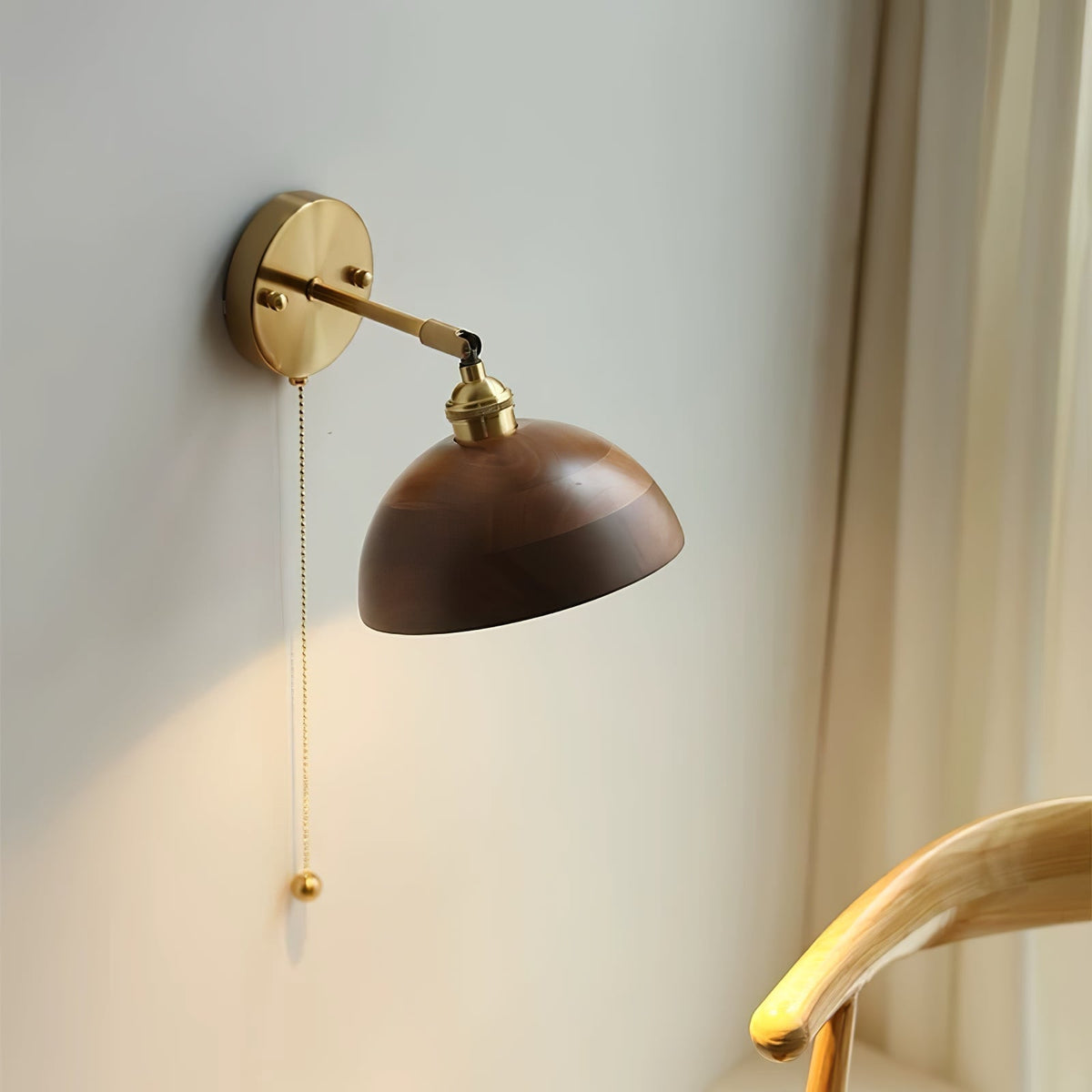 Dome Shade And Pull Chain Switch Wooden Wall Lamp For Bedroom